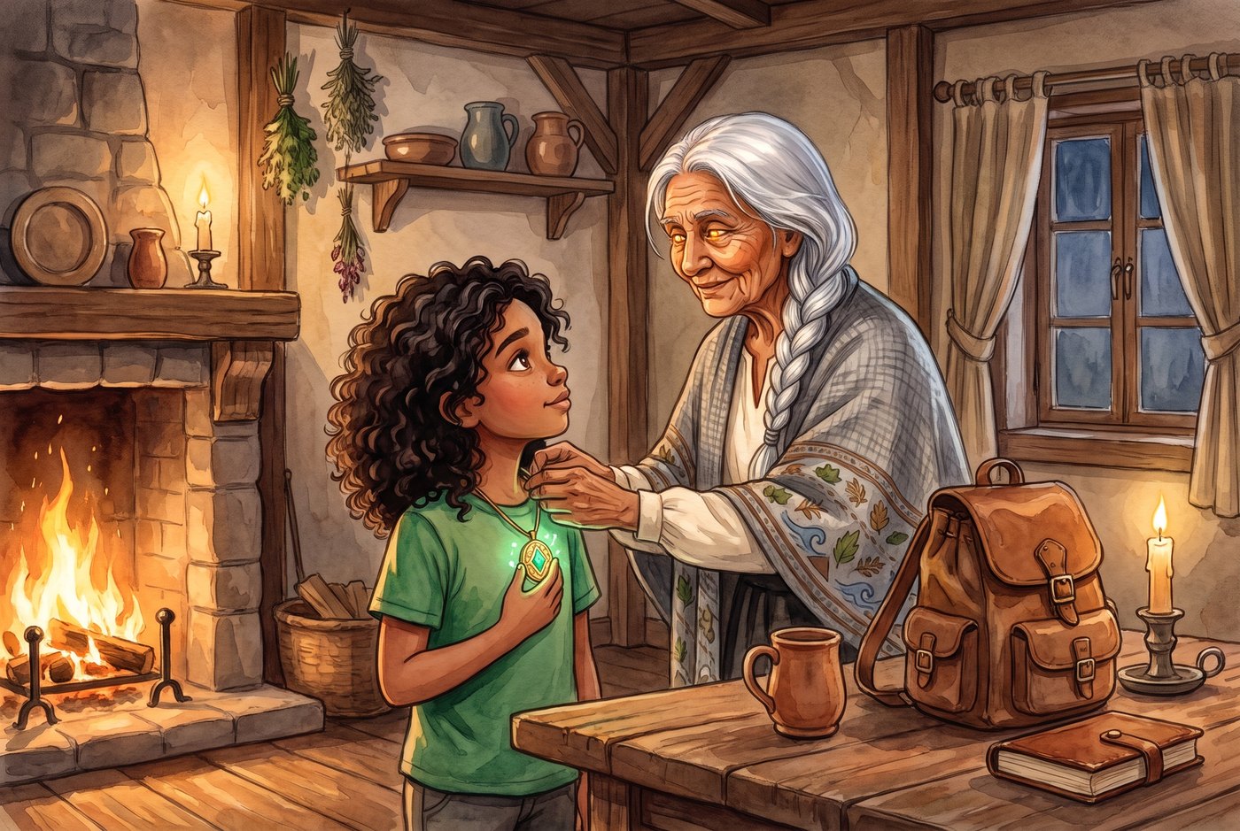 Grandmother Rosa places the Guardians' medallion around Luna's neck by the fireplace, with the AMI backpack on the table
