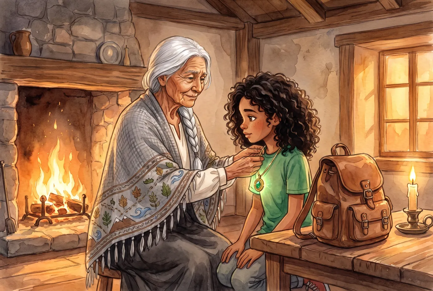 Grandmother Rosa places the Guardians' medallion around Luna's neck by the fireplace, with the AMI backpack on the table