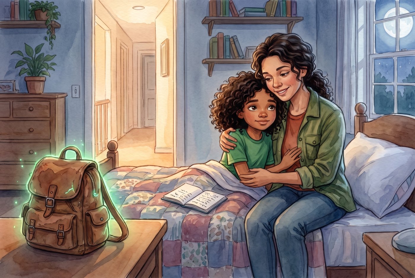 At night, Isabel holds Luna in her bed while the AMI backpack glows softly beside the desk