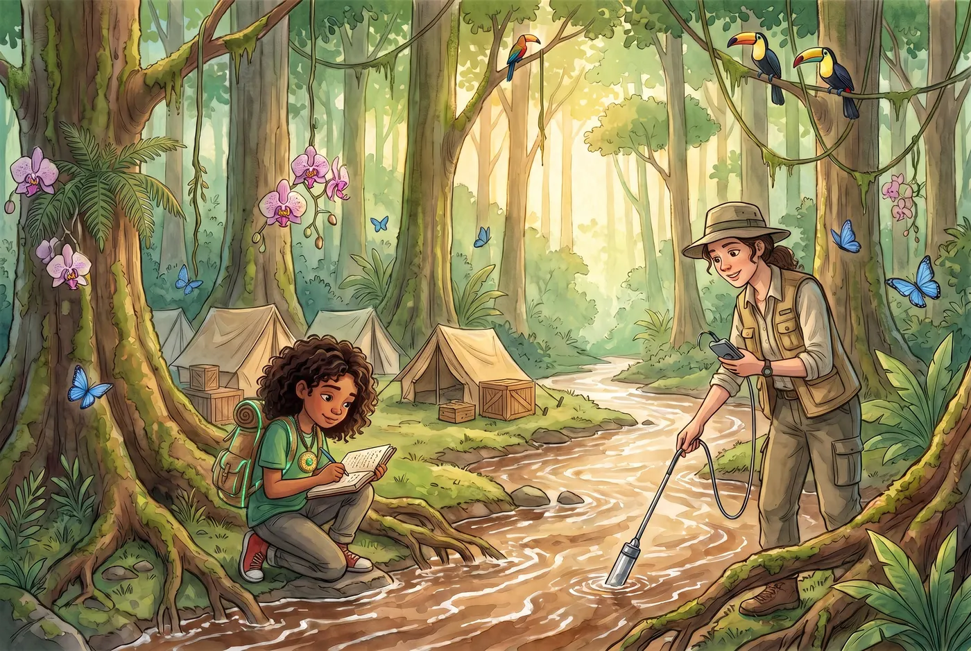 Luna toma notas junto al Río Serpiente en el campamento científico de la Selva Yanama