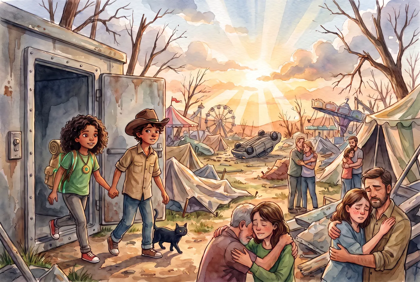 Luna y Gael salen del refugio y contemplan la feria arrasada por el tornado