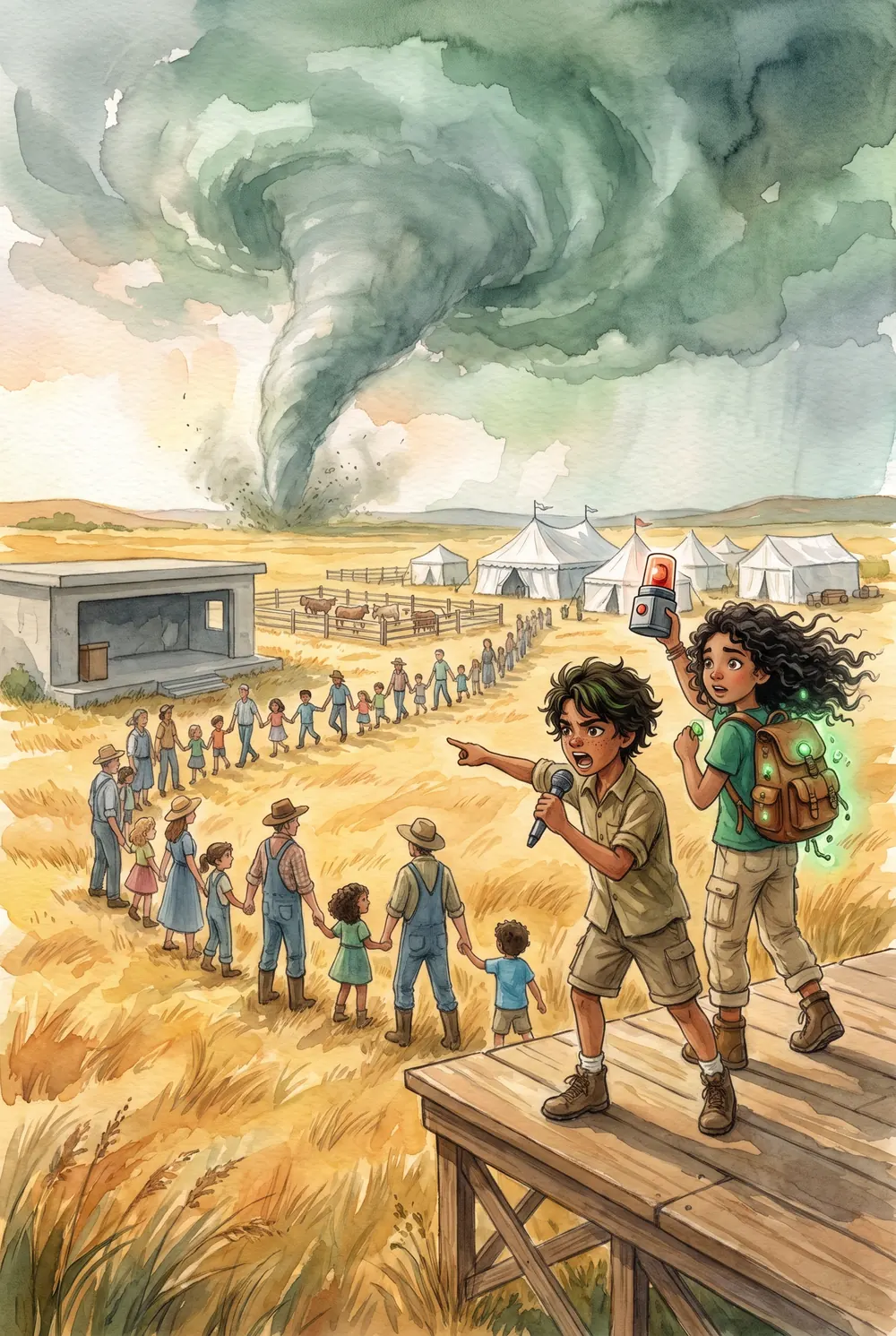 Gael da instrucciones con un micrófono desde una tarima y Luna levanta la sirena portátil mientras la gente camina de la mano hacia el refugio y un tornado avanza por la llanura