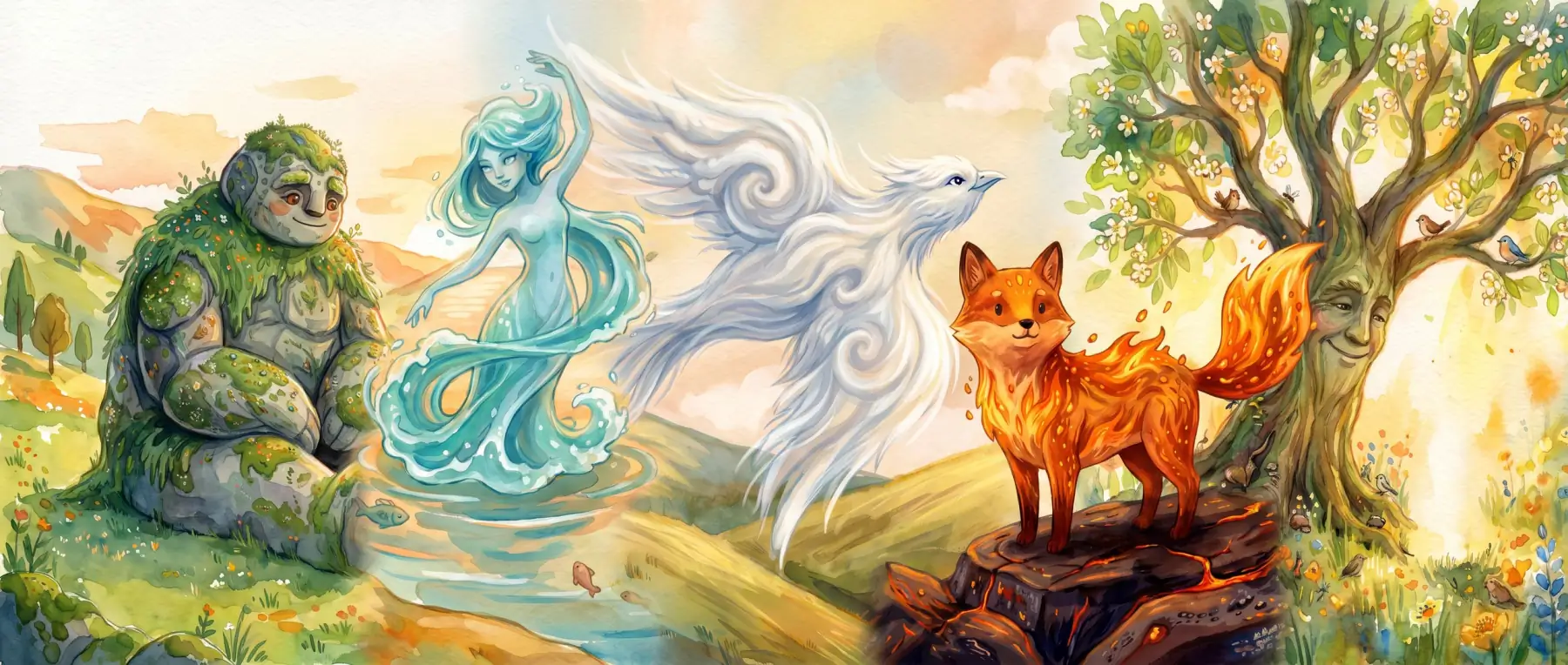 The five Primordials gathered over the valley of Equandia: stone, water, air, fire and life