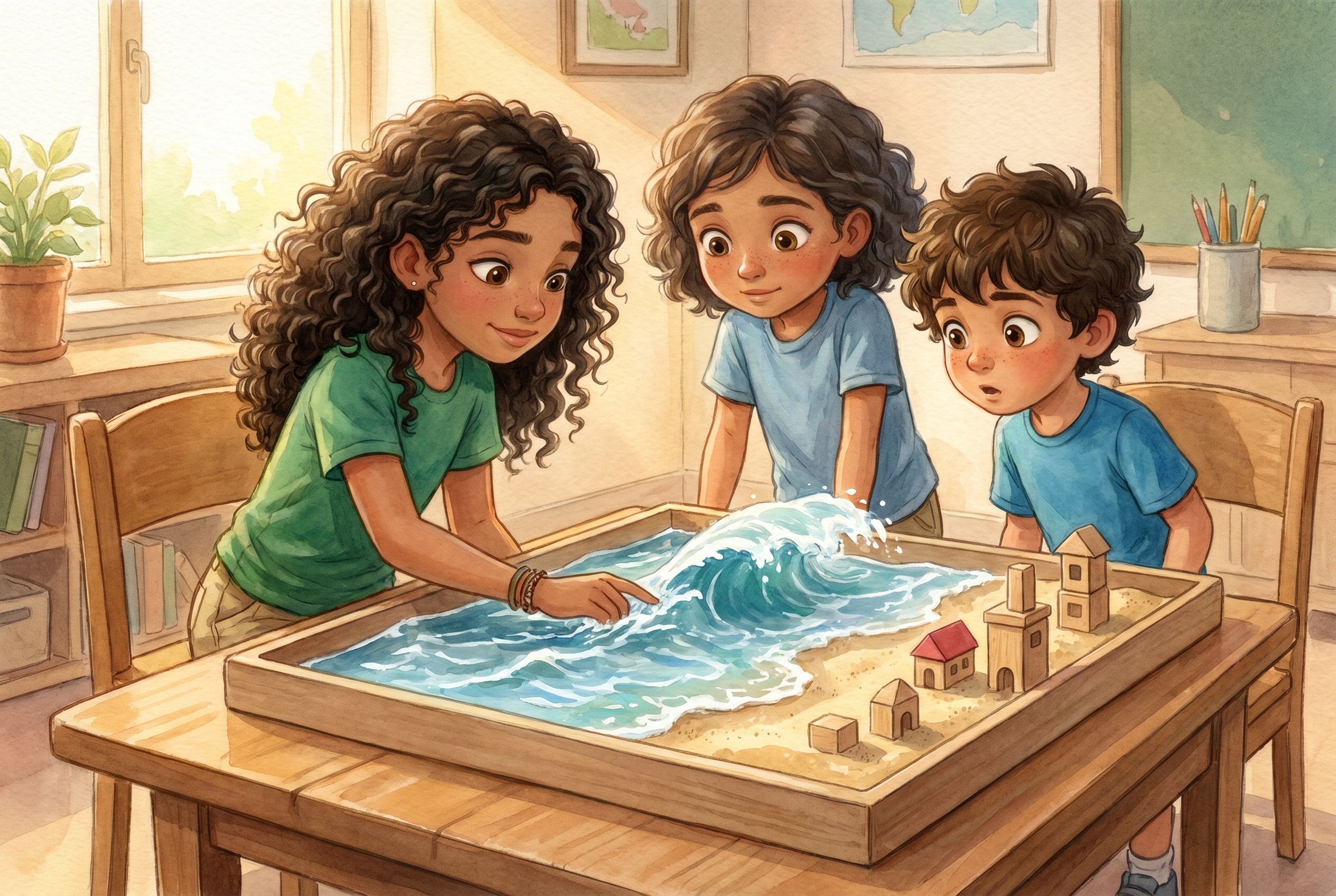 Niños simulan un tsunami en una bandeja con agua, arena y bloques.