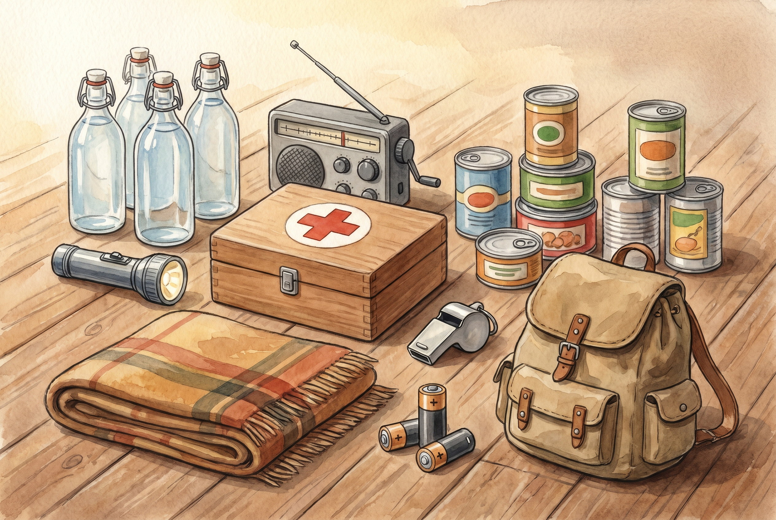 Kit de emergencia familiar: agua, linterna, radio, botiquín y provisiones ordenadas.