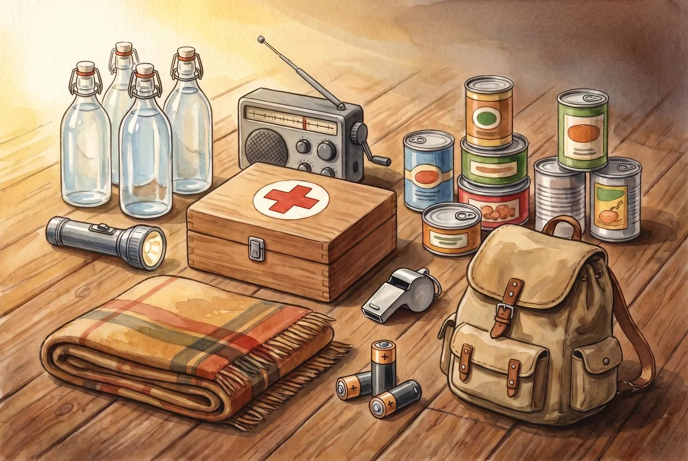 Kit de emergencia familiar: agua, linterna, radio, botiquín y provisiones ordenadas.