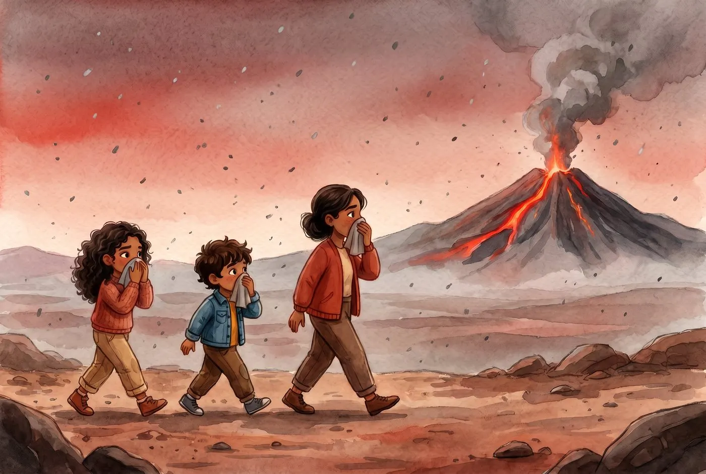 Niños y un adulto evacúan alejándose de un volcán, cubriéndose nariz y boca de la ceniza.
