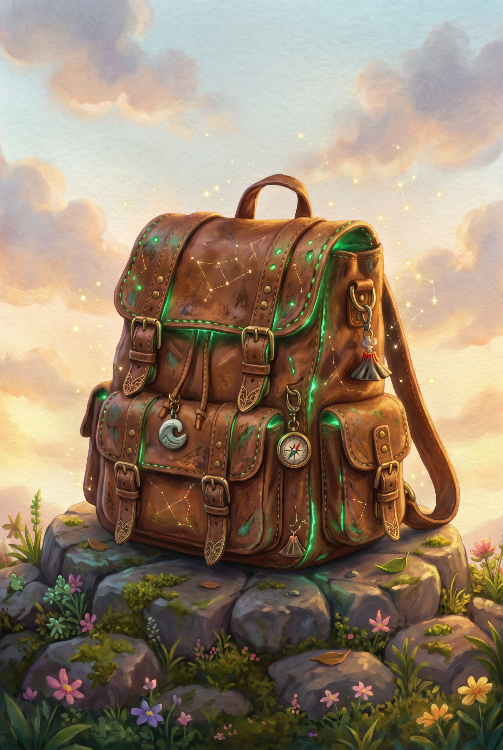 AMI, la mochila de los Guardianes, sobre un tronco al borde del bosque